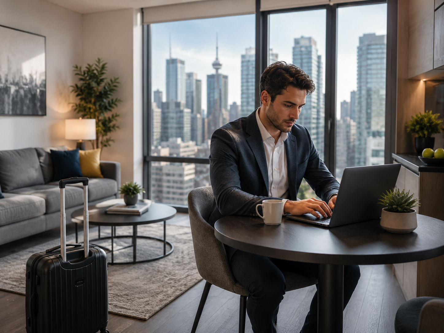 Business traveler working from a furnished short-stay apartment
