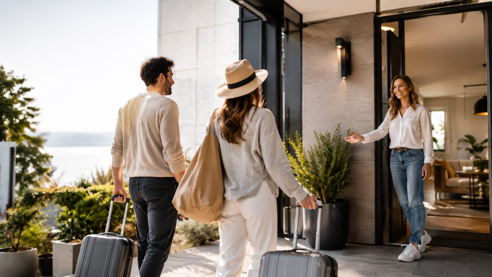 Travelers arriving at a modern short-stay rental